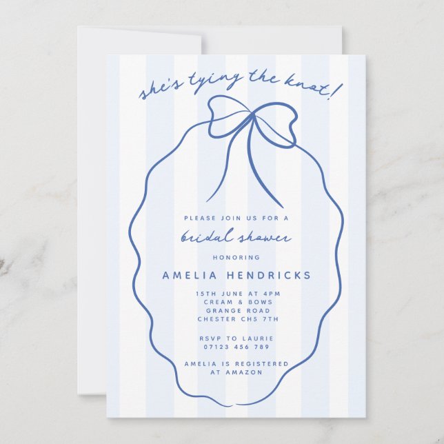 Invitation Elle noue la Fête des mariées de Doodle bleu noeud (Devant)