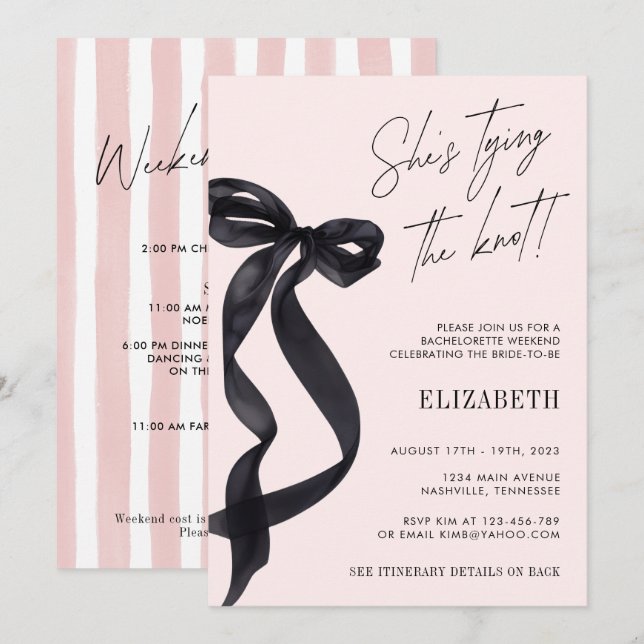 Invitation Elle Noue le Nœud Fête de Bachelorette à Arc Noir (Devant / Derrière)