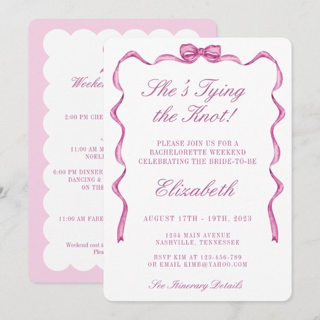 Invitation Elle Noue le Nœud Fête de Bachelorette Rose (Devant / Derrière)
