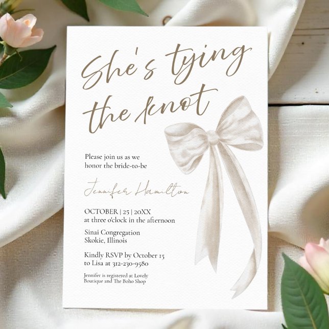 Invitation Elle noue le noeud | Fête des mariées blanche (Créateur téléchargé)