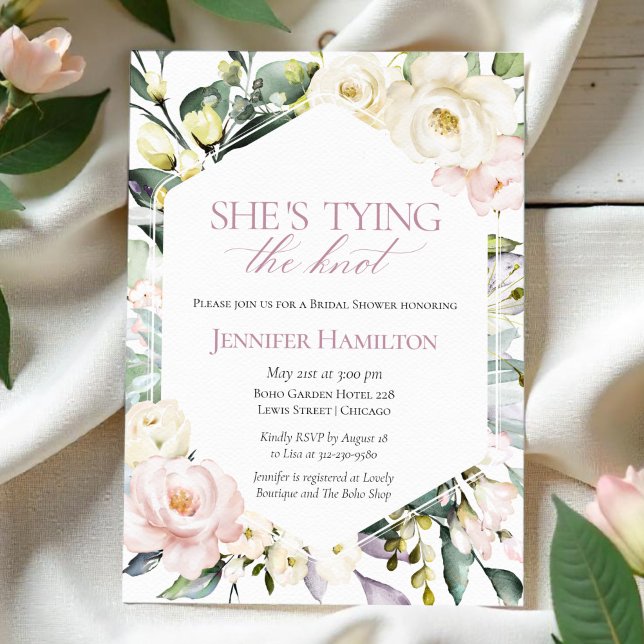 Invitation Elle noue le noeud | Fête des mariées florale Boho (Créateur téléchargé)