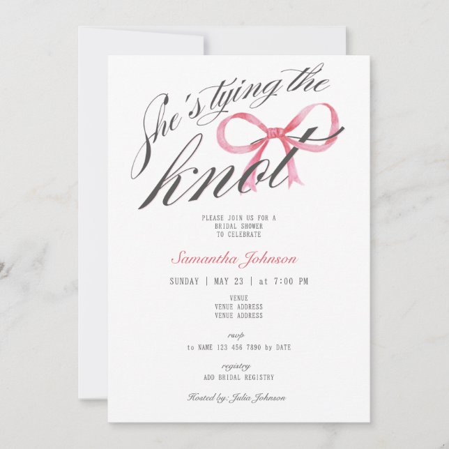 Invitation Elle Noue le Nœud Papillon Coquette Fête de Mariag (Devant)