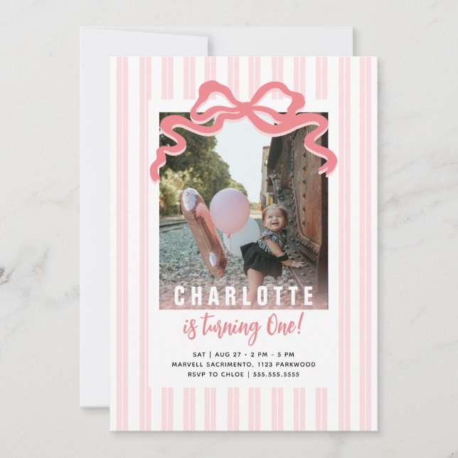 Invitation Elle tourne une goutte de rose Bow photo Anniversa (Devant)