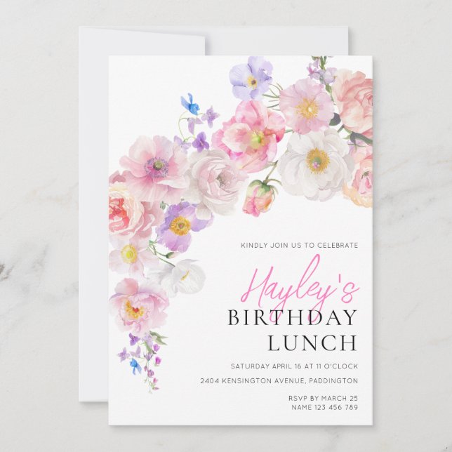 Invitation Eloise rose Floral Anniversaire Déjeuner (Devant)