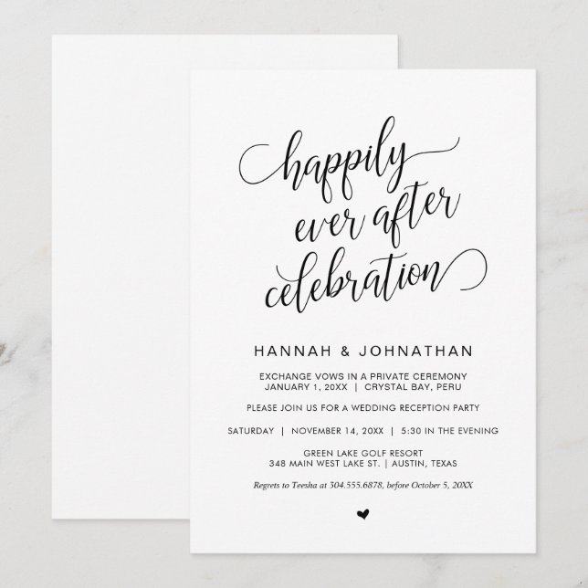 Invitation Elopement Mariage, calligraphie noir classique sim (Devant / Derrière)