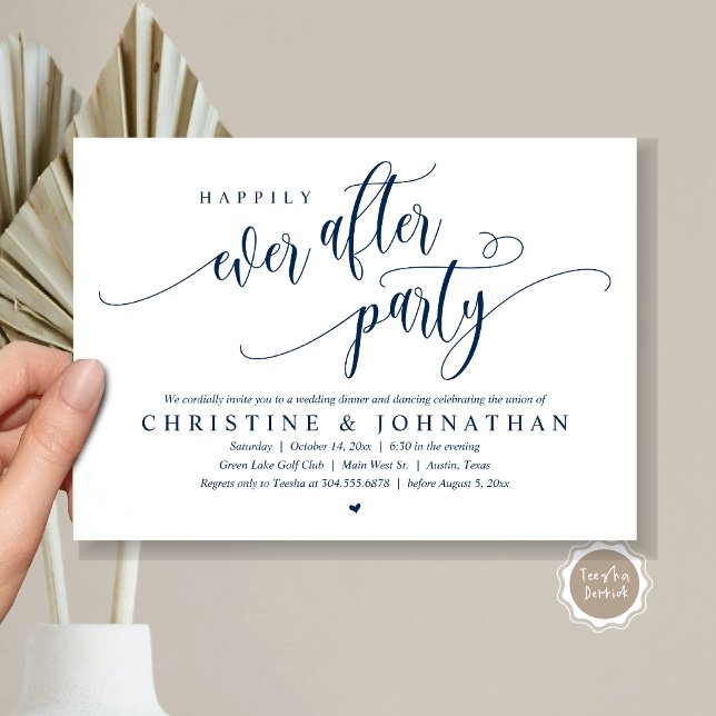 Invitation Elopement mariage, Heureusement Jamais Après La Fê (Wedding Elopement, Happily Ever After Party Invitation Card, Modern Contemporary, PDF, in Navy Blue)