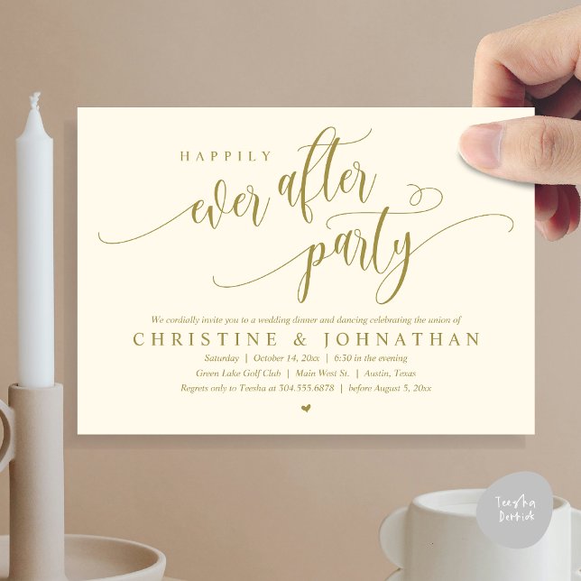 Invitation Elopement mariage, Heureusement Jamais Après La Fê (Wedding Elopement, Happily Ever After Party Invitation Card, Modern Script, PDF, in Yellow Gold)