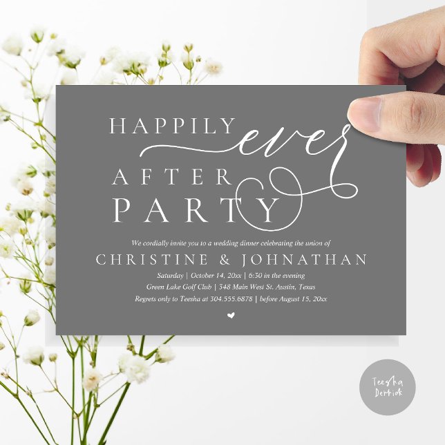 Invitation Elopement Mariage Moderne, Heureusement Jamais Apr (Modern Cute Wedding Elopement, Happily Ever After Party Invitation Card, PDF, in Dark Grey)