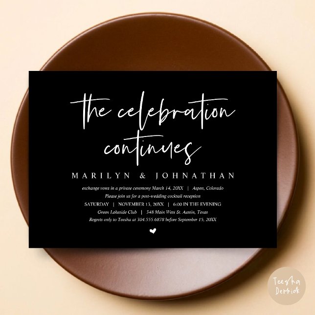 Invitation Elopement Mariage moderne la célébration continue (Wedding Elopement, Modern celebration continues Invitation Card, PDF, in Classy Black)
