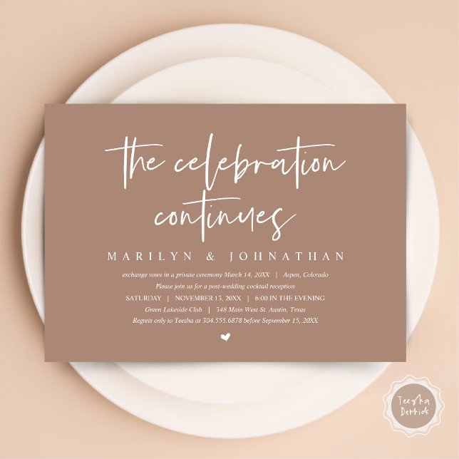 Invitation Elopement Mariage moderne la célébration continue (Wedding Elopement, Modern celebration continues Invitation Card, PDF, in Taupe)
