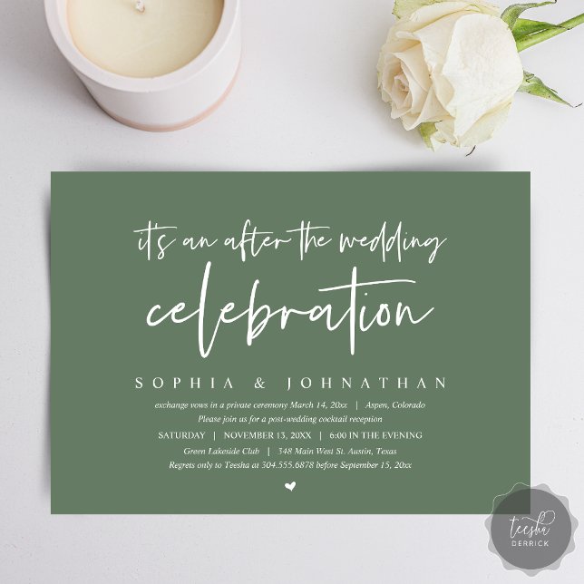 Invitation Elopement moderne, Après la célébration mariage (After the wedding celebration Invitation Card, Modern Sage Green Elopement Dinner, Party, Download)
