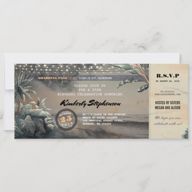 Invitation Embarquement Pass Beach Lights Billet d'anniversai (Devant)