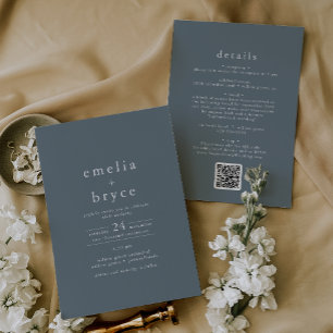 Invitation EMELIA QR Code Simple Boho Navy Dark Blue Mariage