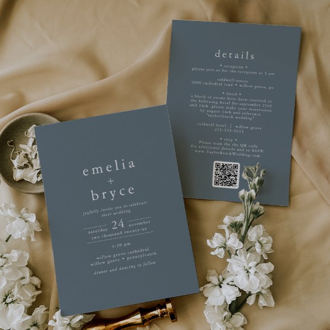 Invitation EMELIA QR Code Simple Boho Navy Dark Blue Mariage (EMELIA QR Code Simple Boho Navy Dark Blue Wedding Invitation)