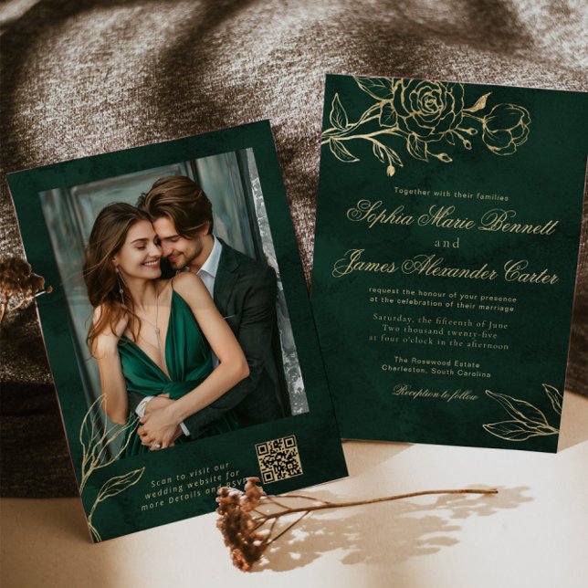 Invitation Emerald and Gold Elegant Botanical Photo Wedding (Créateur téléchargé)