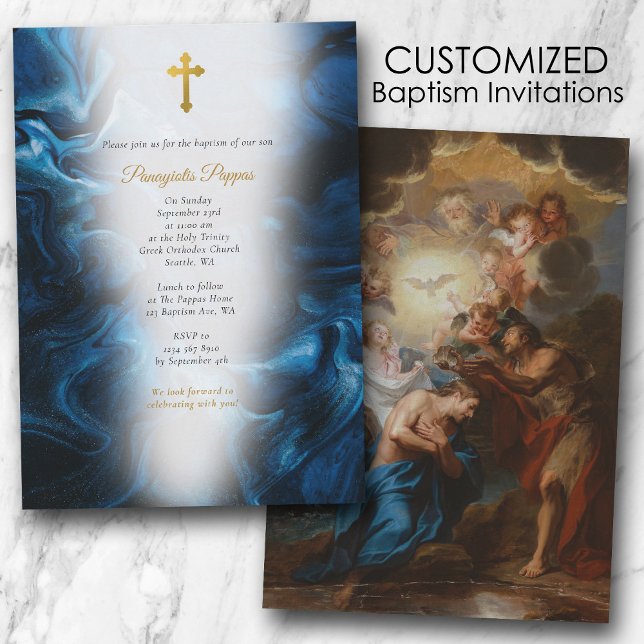 Invitation Emerald Blue Marble Christening Christian Baptism (Emerald Blue Marble Orthodox Christian Baptism Invitation)