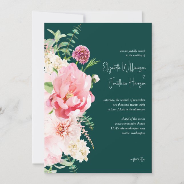 Invitation Emerald Blush Dark Moody Floral Script élégant (Devant)