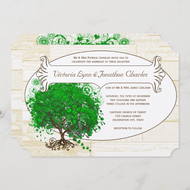 Invitation Emerald Coeur Feuille Arbre Grange Mariage en bois (Devant / Derrière)