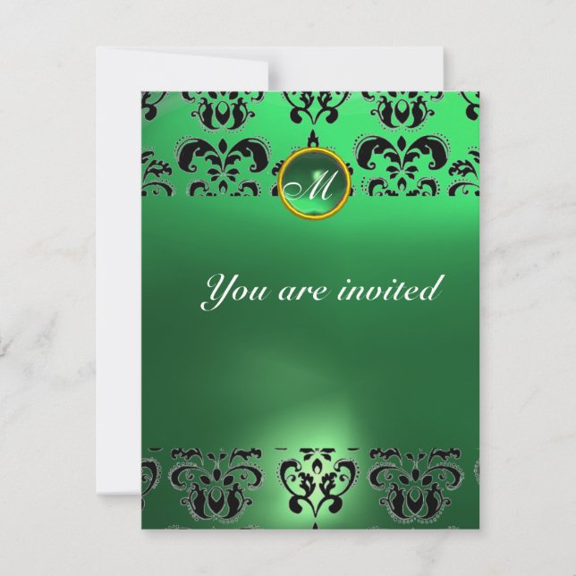 Invitation EMERALD DAMASK GEM PIERRE MONOGRAMME vert noir (Devant)