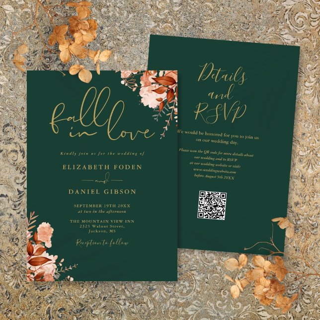 Invitation Emerald Et Gold Rustic Floral Code QR Mariage (Emerald And Gold Rustic Floral QR Code Wedding Invitation)