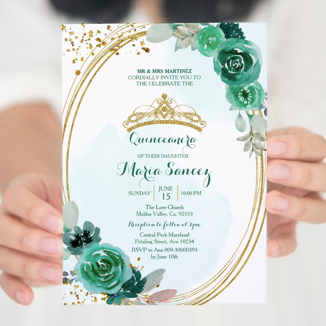 Invitation Emerald et Hunter Green Roses Quinceanera (Créateur téléchargé)
