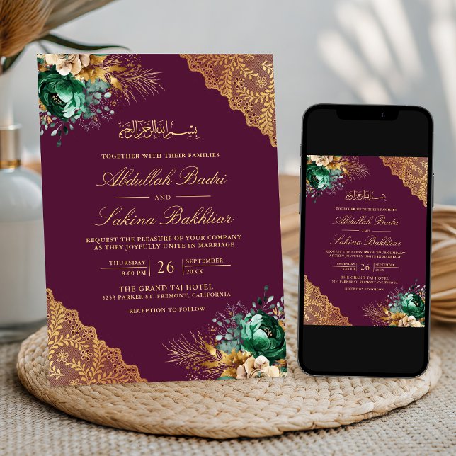 Invitation Emerald Floral or en dentelle Plum Mariage musulma (Créateur téléchargé)