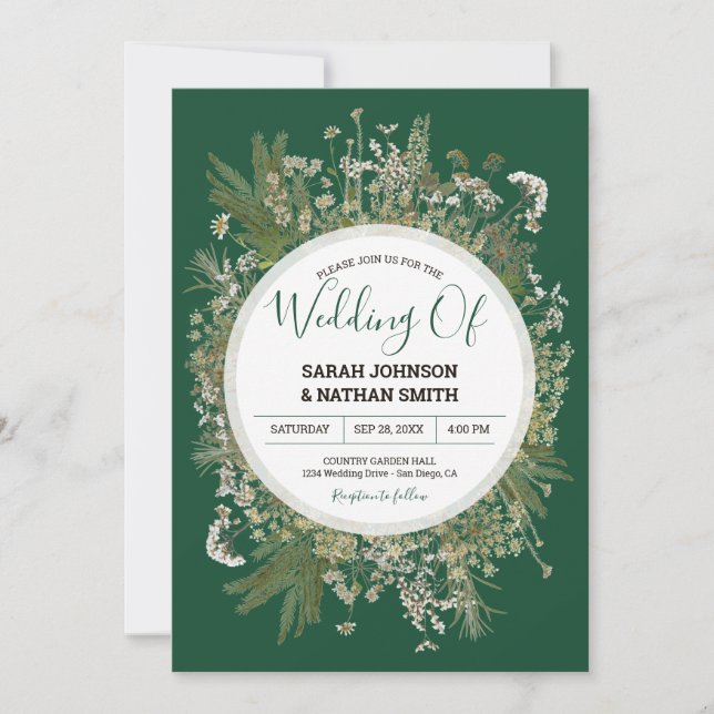 Invitation Emerald Forrest Green Faux Pressed Flowers Mariage (Devant)