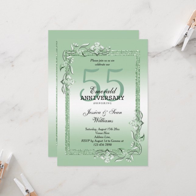 Invitation Emerald Gem & Parties scintillant 55e Mariage (Devant/Arrière en situation)