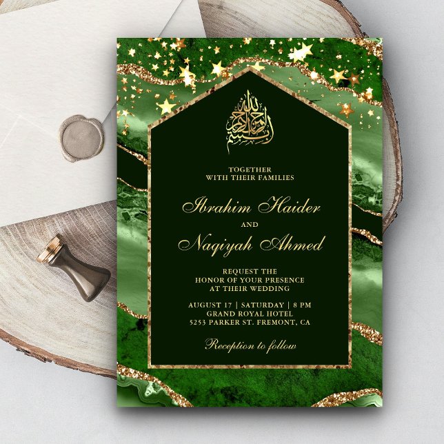 Invitation Emerald Gold Agate Marble Arch Mariage musulman (Créateur téléchargé)