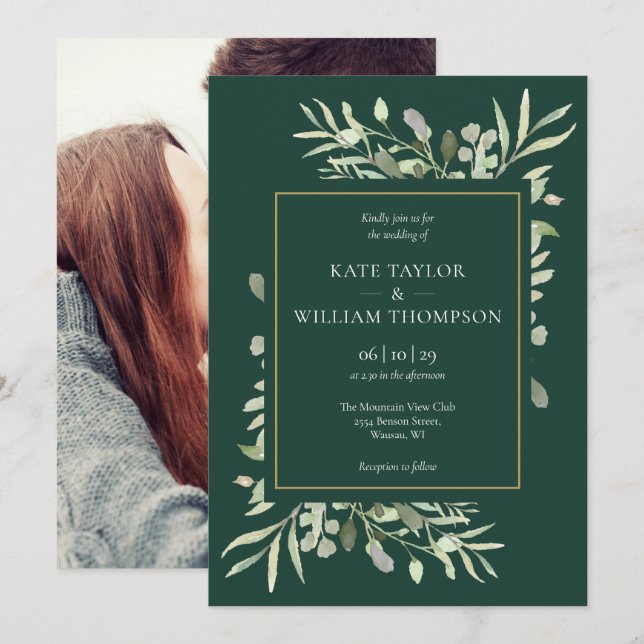 Invitation Emerald Gold Elegant Green Mariage photo (Devant / Derrière)