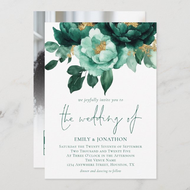 Invitation Emerald Gold Florals Photo QR Code Mariage (Devant / Derrière)