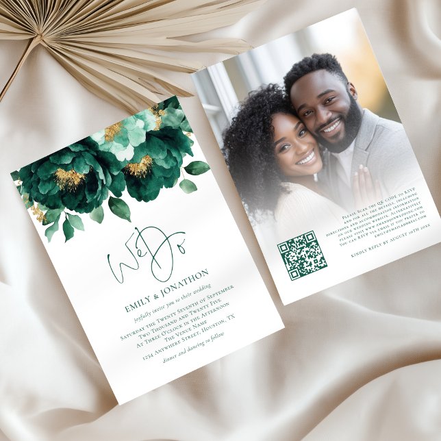 Invitation Emerald Gold Flowers Photo QR Code Mariage (Front and back view)