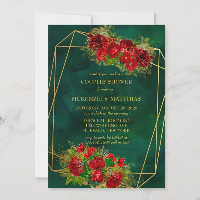 Invitation Emerald Gold Géométrique Florales Rouge Couples Do (Devant)