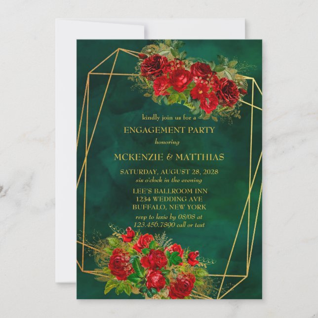 Invitation Emerald Gold Géométrique Rouge Floral (Devant)