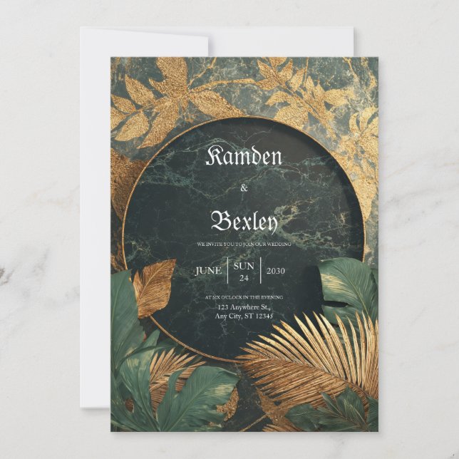 Invitation Emerald Gold Marble Tropical VIP Mariage (Devant)