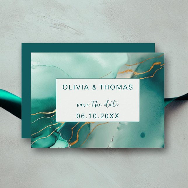 Invitation Emerald Gold Modern Simple Beach Wedding Enregistr (modern minimalist emerald green gold wedding save the date beach summer elegant bohemian romantic)