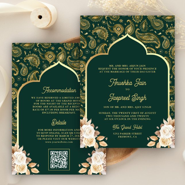 Invitation Emerald Gold Paisley Floral QR Code Mariage indien (Créateur téléchargé)