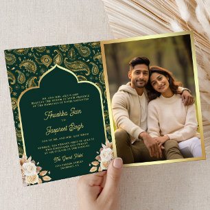 Invitation Emerald Gold Paisley Floral QR Code Mariage indien