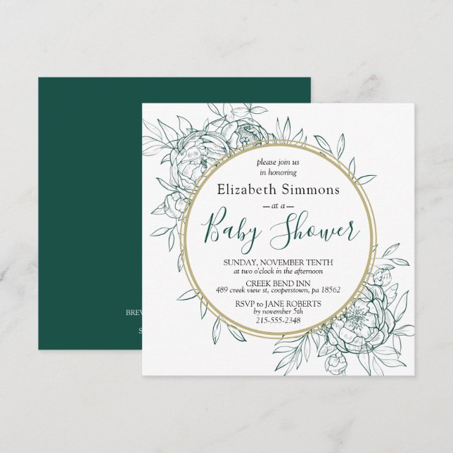 Invitation Emerald & Gold Peony Baby shower en toile florale (Devant / Derrière)