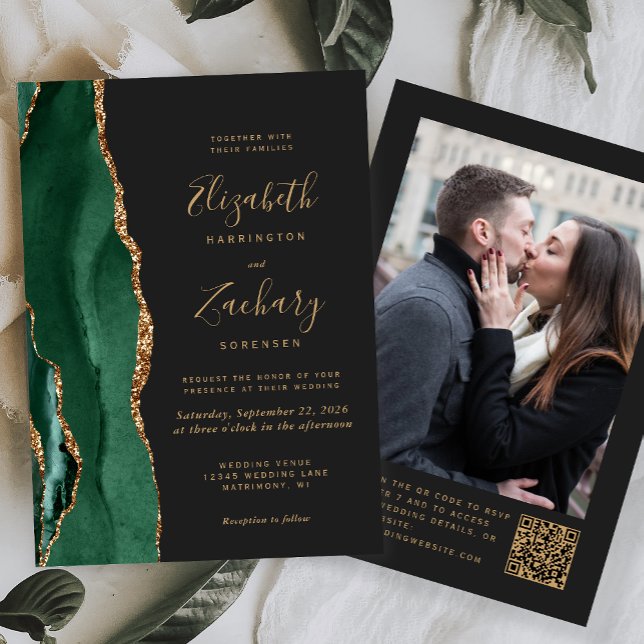 Invitation Emerald Green Agate Dark Photo QR Code Mariage (Créateur téléchargé)