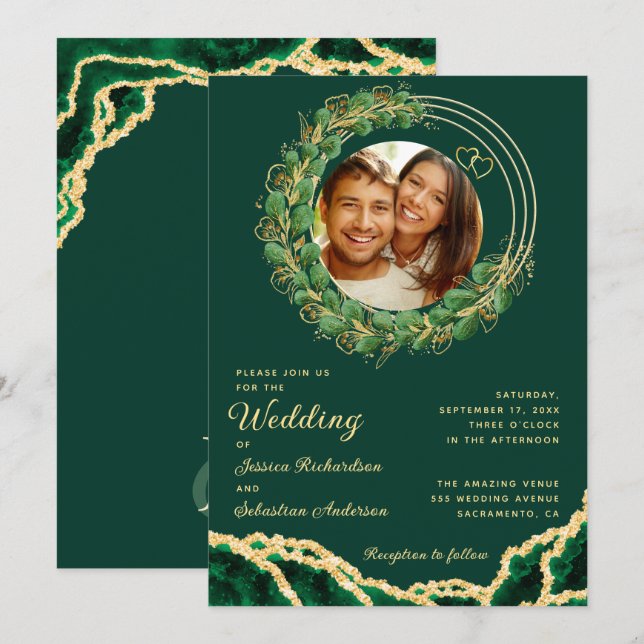 Invitation Emerald Green Agate Eucalyptus Jewel Mariage (Devant / Derrière)