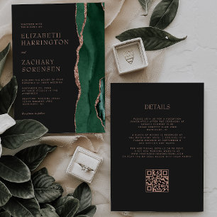 Invitation Emerald Green Agate Rose Gold QR Code Mariage