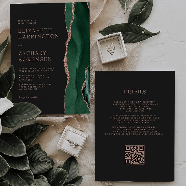 Invitation Emerald Green Agate Rose Gold QR Code Mariage (Créateur téléchargé)