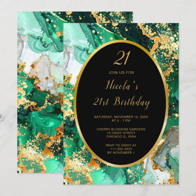 Invitation Emerald Green and Gold Marble Agate Birthday Party (Devant / Derrière)