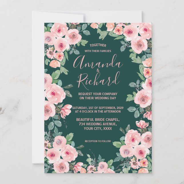 Invitation Emerald Green Blush rose Rustique Mariage floral (Devant)