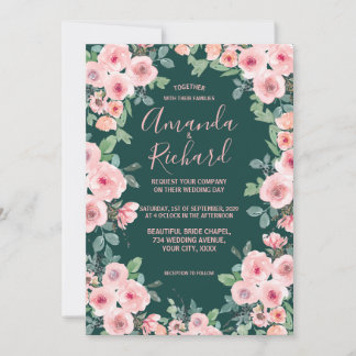 Invitation Emerald Green Blush rose Rustique Mariage floral