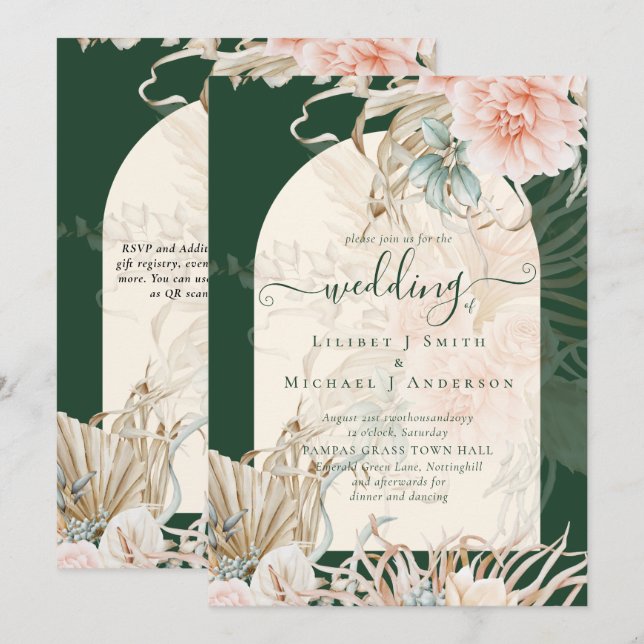 Invitation Emerald Green BOHO Peach Pampas Grass Mariage (Devant / Derrière)