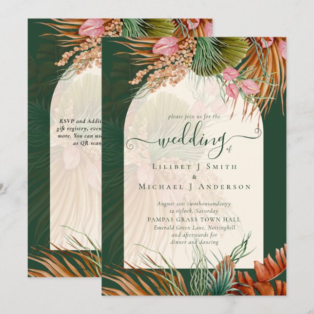 Invitation Emerald Green Boho Tropical Pampas Grass Mariage (Devant / Derrière)