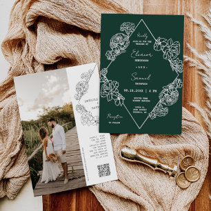 Invitation Emerald Green Botanical Line Art Boho QR Code