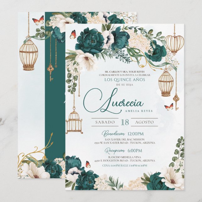 Invitation Emerald Green Butterfly Floral Elegant Quinceañera (Devant / Derrière)